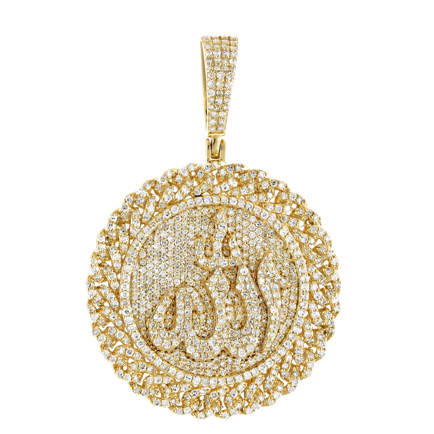 Yellow Gold Diamond Allah Medallion Cuban Border Pendant
