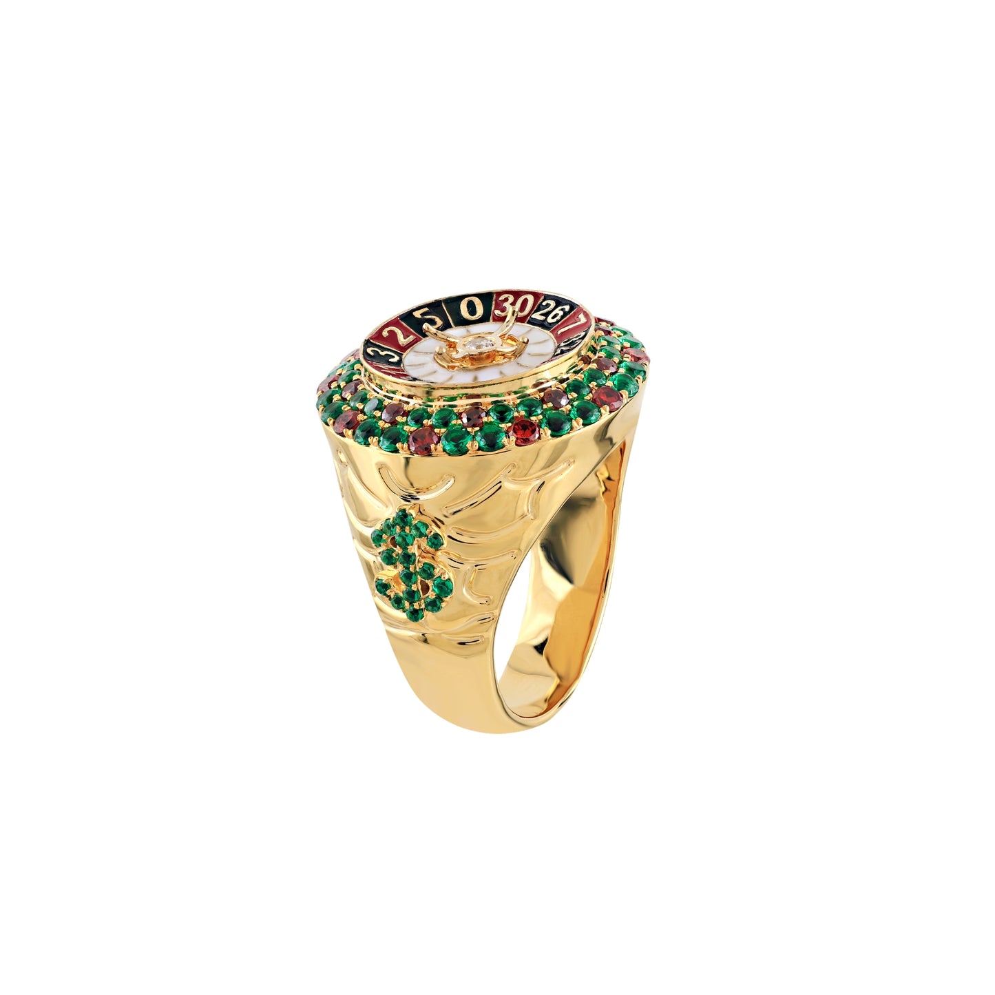 10K Yellow Gold Roulette Wheel Ring | Red & Green Gemstone Casino Statement Ring
