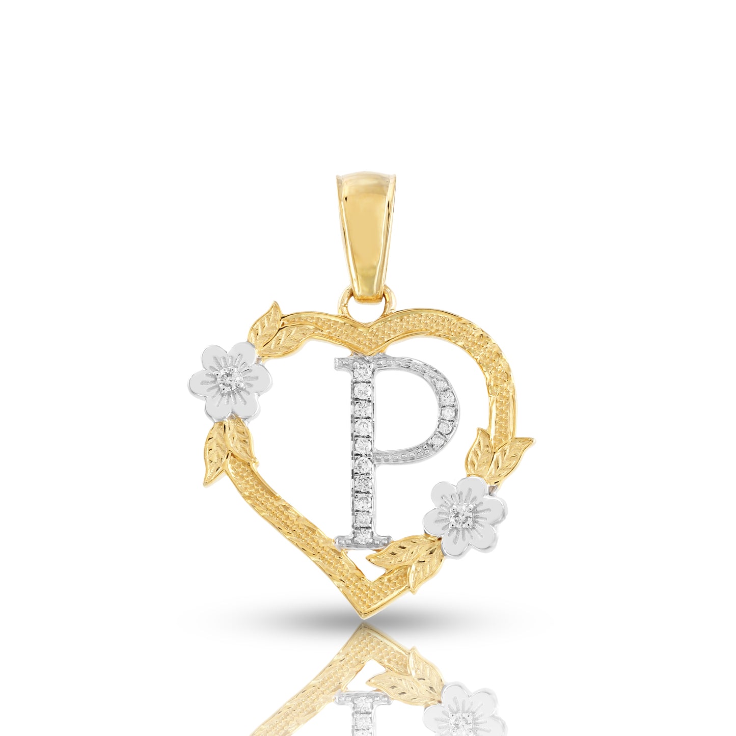 Yellow Gold Heart Initial Letter Pendant-'A TO Z' Flower charm by Truth Jewel