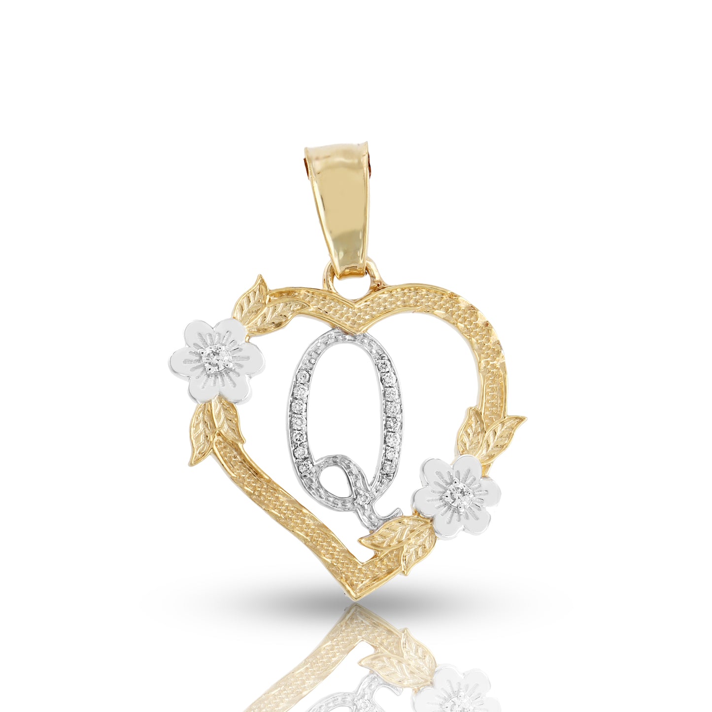 Yellow Gold Heart Initial Letter Pendant-'A TO Z' Flower charm by Truth Jewel