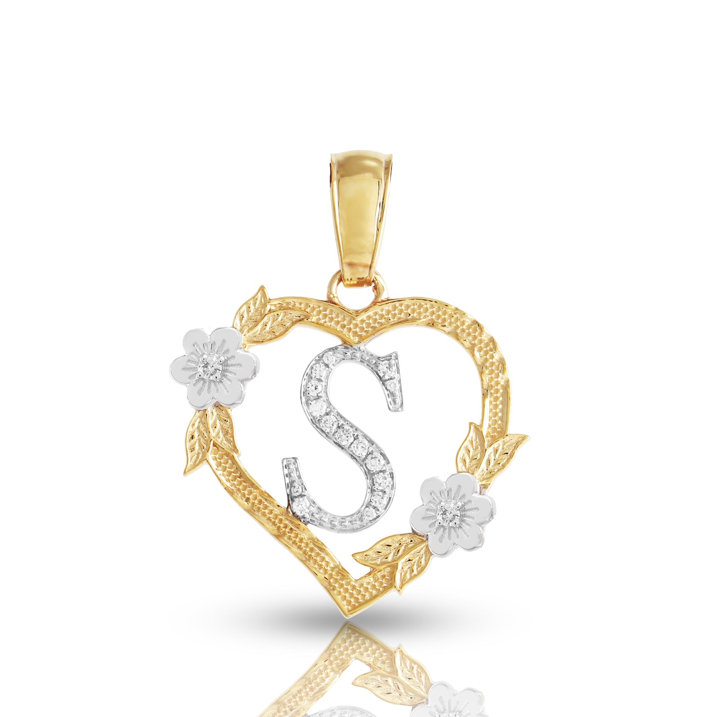 Yellow Gold Heart Initial Letter Pendant-'A TO Z' Flower charm by Truth Jewel