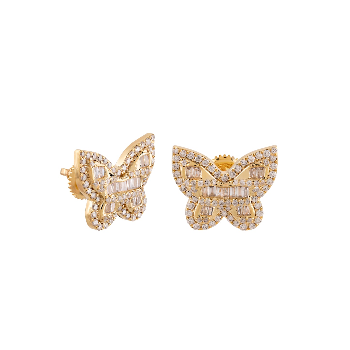 10K Yellow Gold Diamond Butterfly Stud Earrings | Baguette & Round Iced Out Earrings