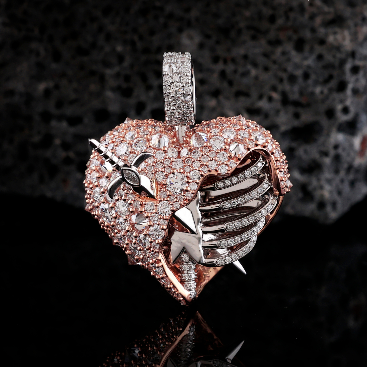 Rose Gold Diamond Sword Heart Pendant | Iced-Out l Love Charm