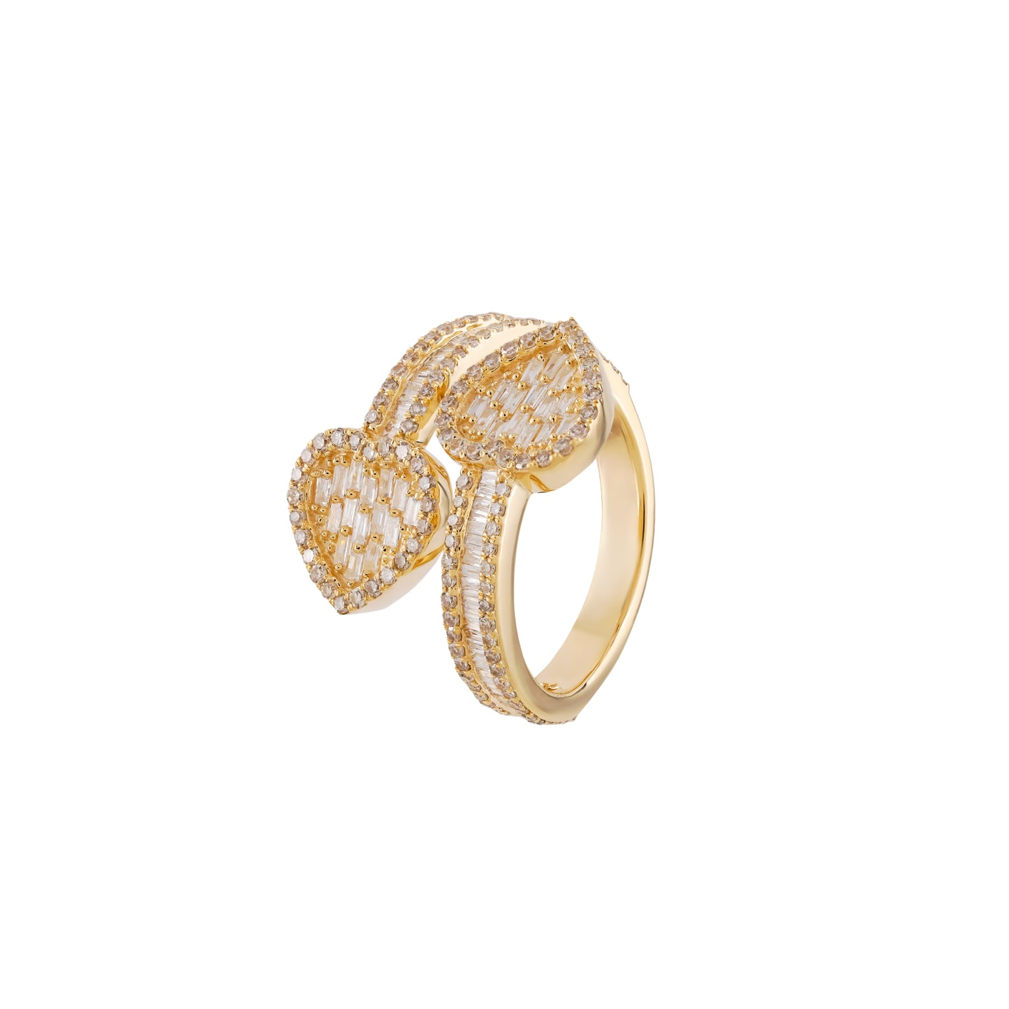10K Yellow Gold Double Heart Baguette Diamond Ring