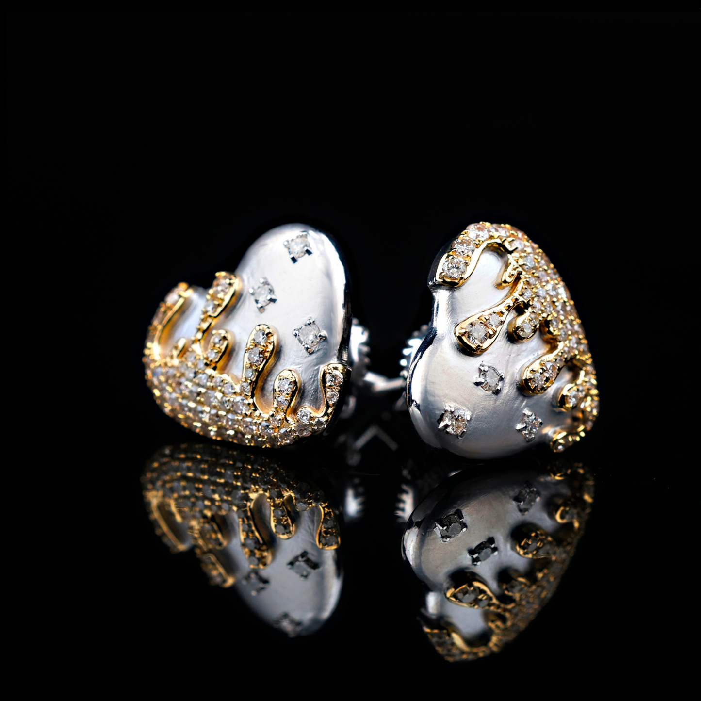 White Gold Diamond Drip Heart Stud Earrings | Iced-Out Two Tone Love Earrings