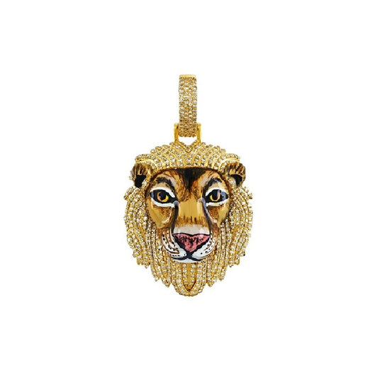 14K Yellow Gold Lion Face Diamond Pendant