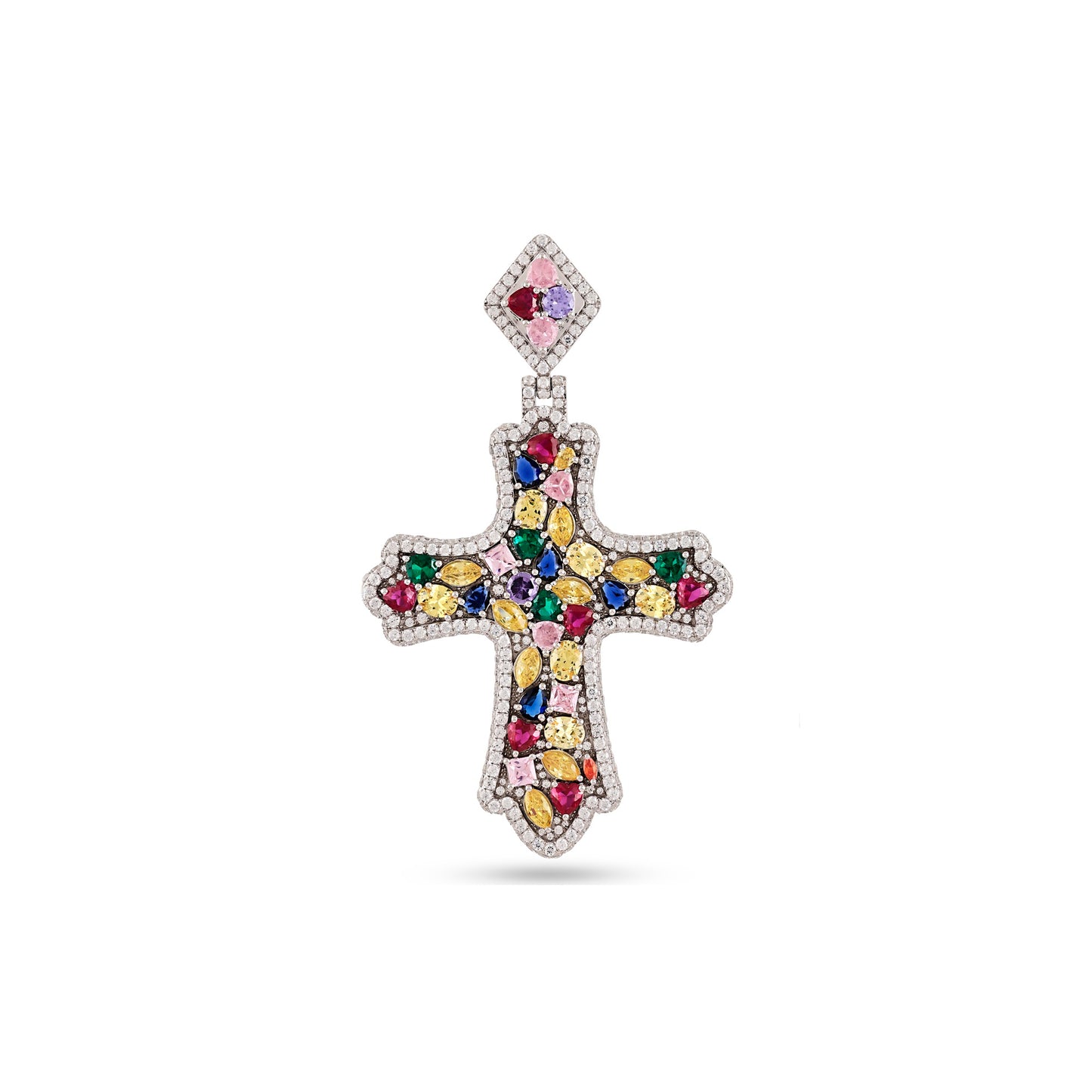 925 Silver Cz Round Diamond and Color Stone Cross Pendant