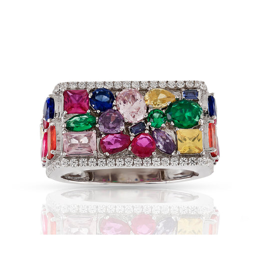 925 Silver CS Round Diamond and Multi Color Stone Ring