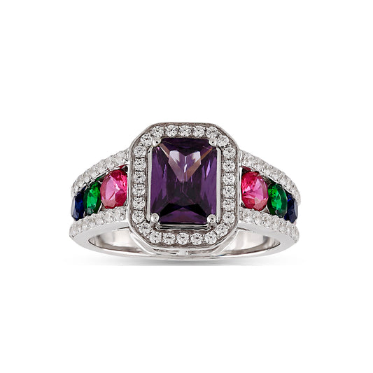 925 Silver Cz Diamond and Color Stone Halo Ring
