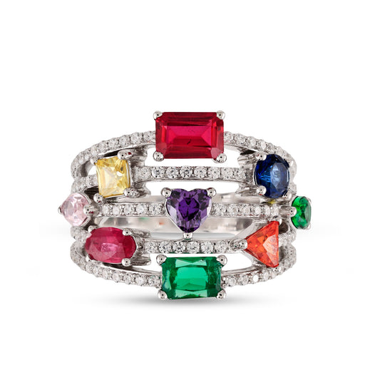 925 Silver Cz Diamond and Multi Color Stone Band Ring