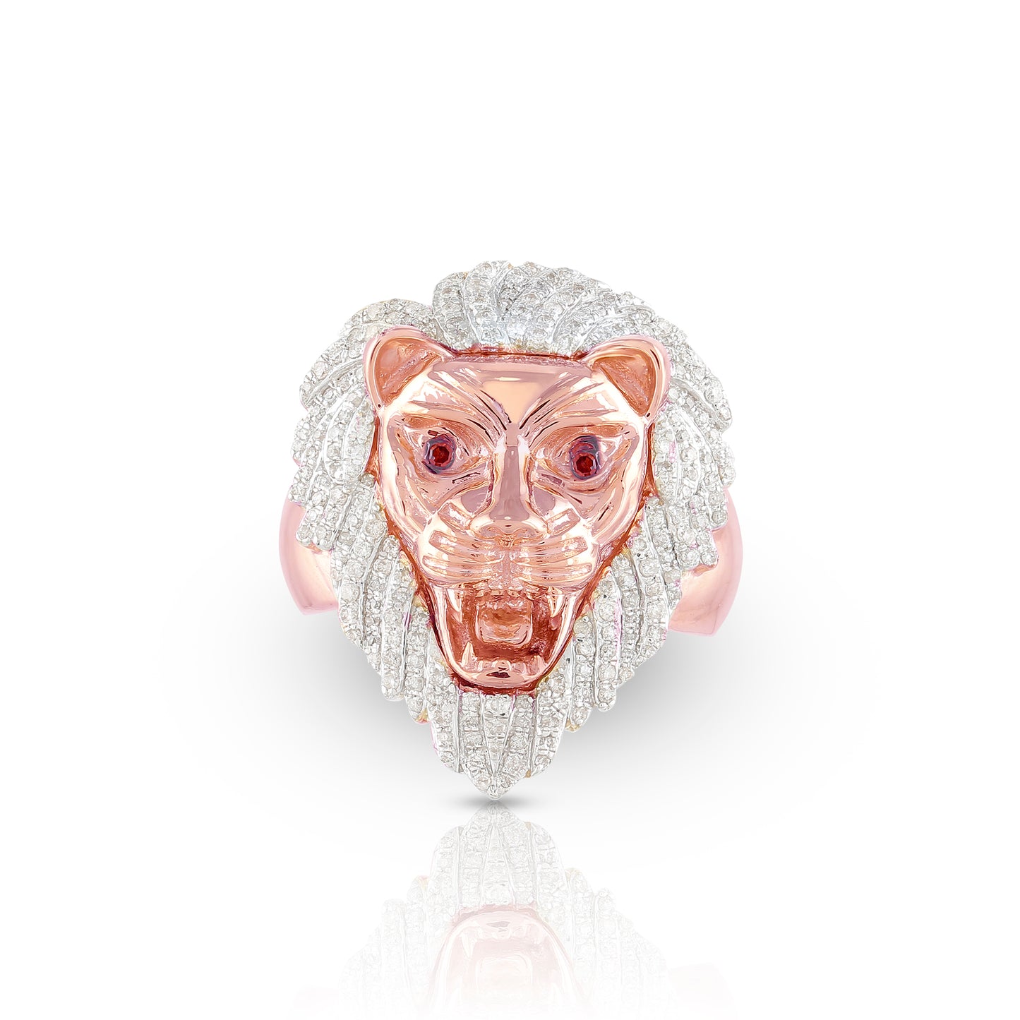 14K Yellow Gold Round Diamond Lion Head Ring