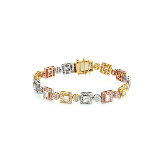 14K Three Tone Gold Round and Baguette Diamond Bracelet