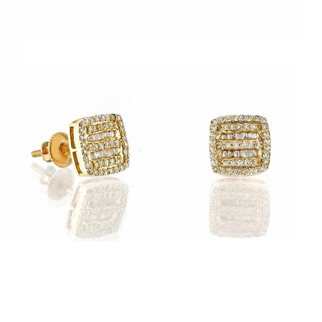 0.36ct Yellow Gold Baguette and Round Diamond Square Earrings by Truth Jewel