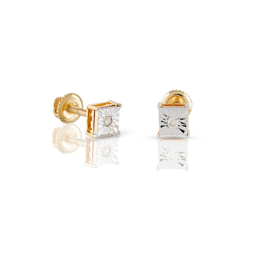 Yellow Gold Diamond Square Illusion Stud Earrings