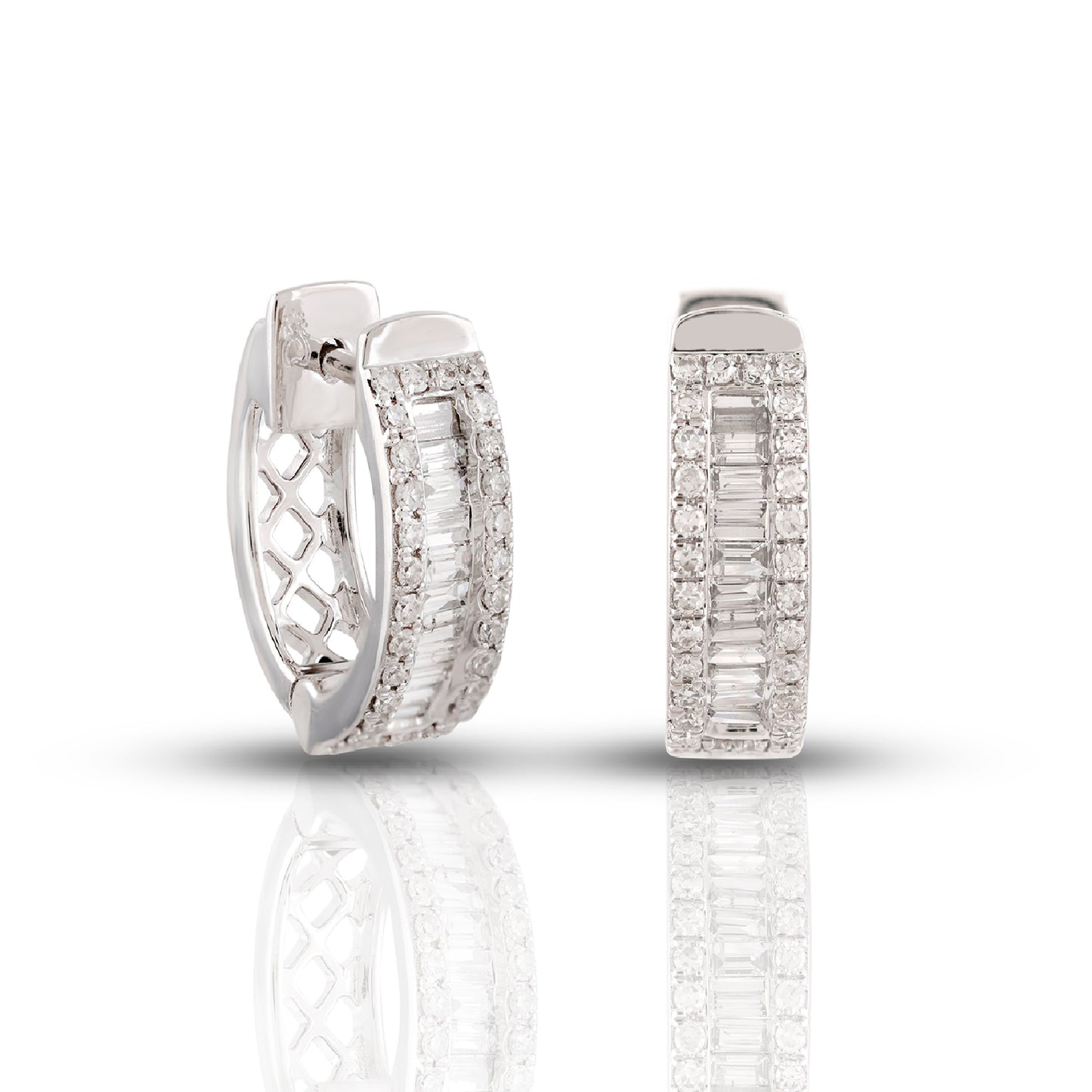 White Gold Baguette & Round Diamond Hoop Earrings by Truth Jewel