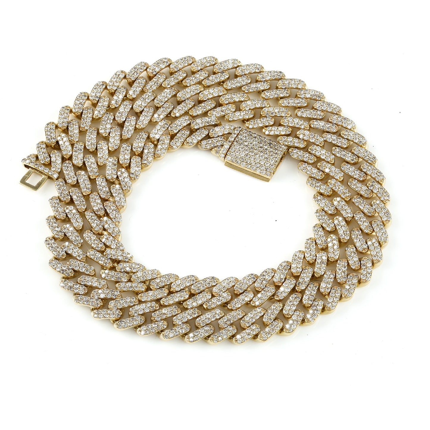 Gold chain necklace with diamond-like stones on a white background