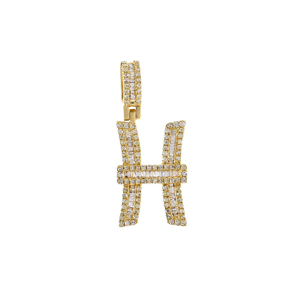 Yellow Gold Baguette and Round Diamond Initial Letter A to Z Pendant