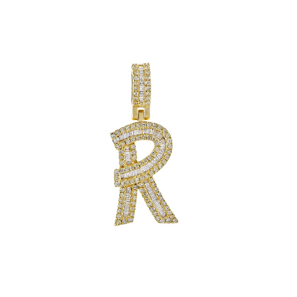 Yellow Gold Baguette and Round Diamond Initial Letter A to Z Pendant