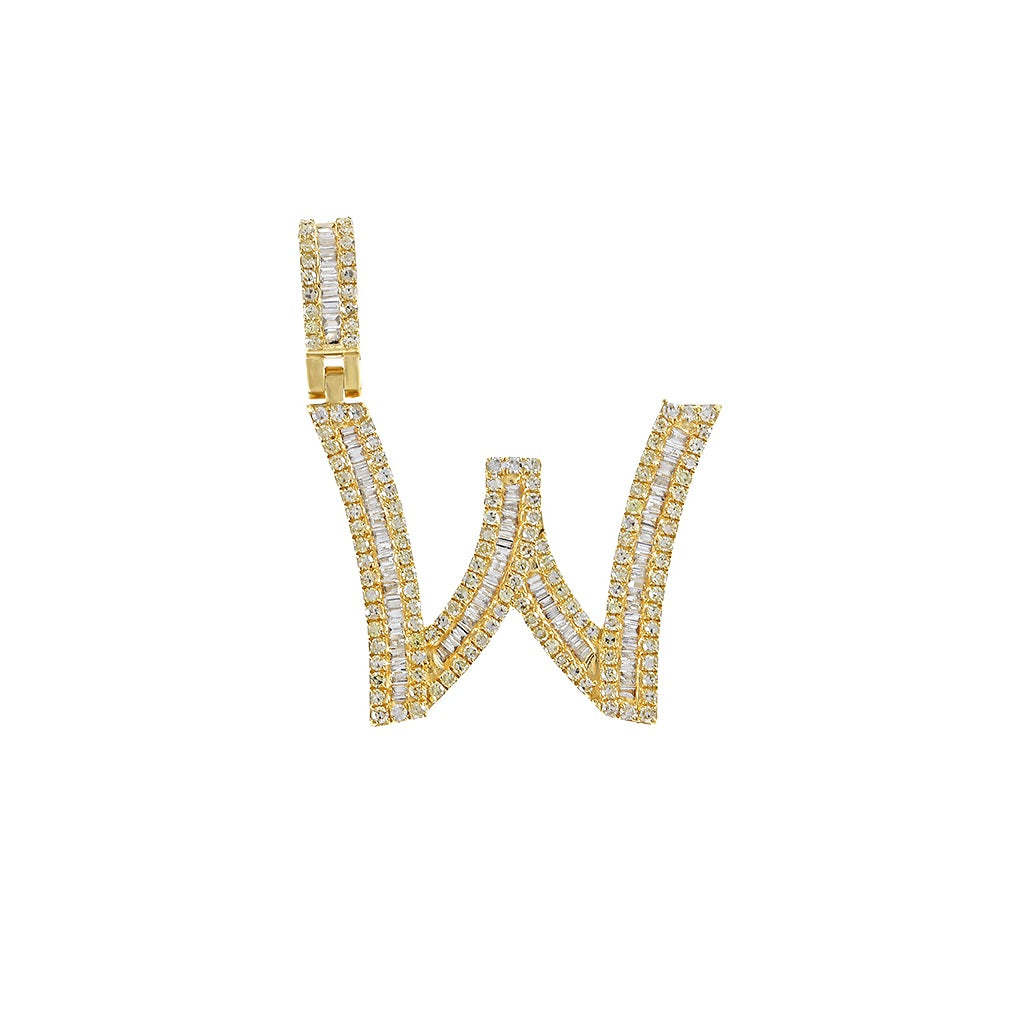 Yellow Gold Baguette and Round Diamond Initial Letter A to Z Pendant