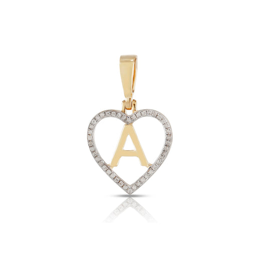 Yellow Gold White Round Diamond Heart Initial Pendant