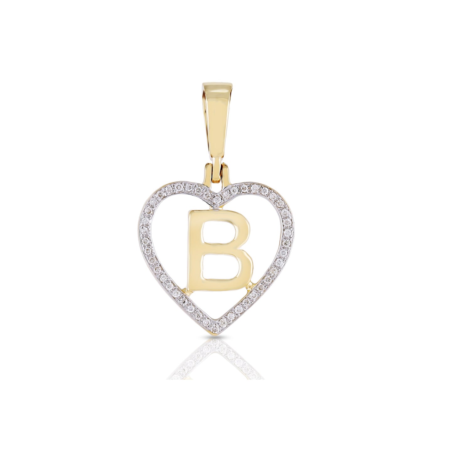 Yellow Gold White Round Diamond Heart Initial Pendant