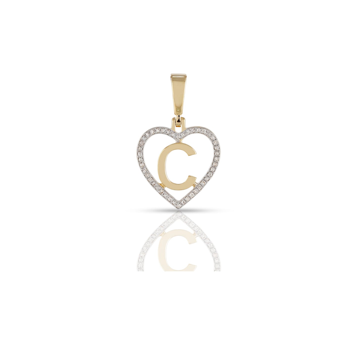 Yellow Gold White Round Diamond Heart Initial Pendant