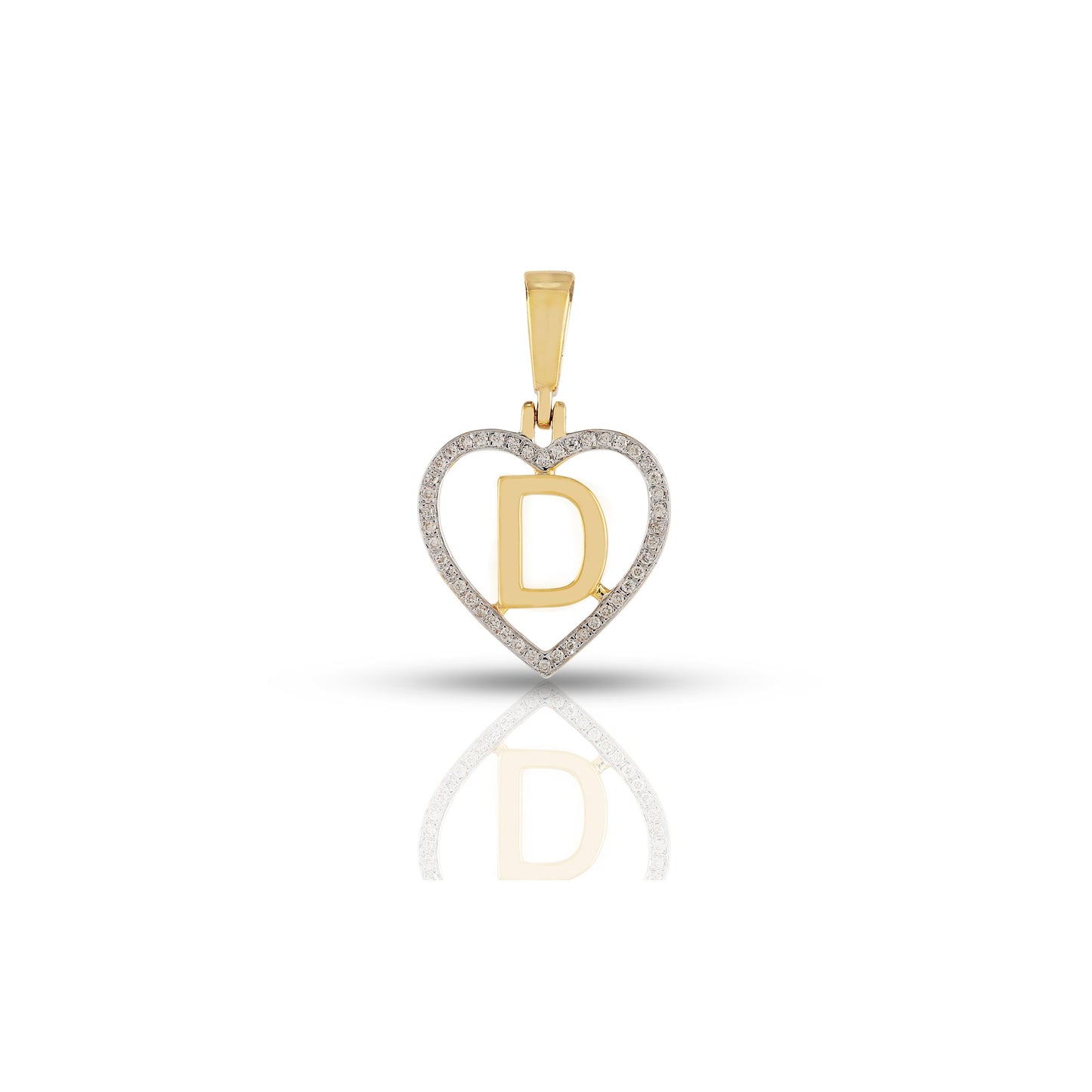 Yellow Gold White Round Diamond Heart Initial Pendant