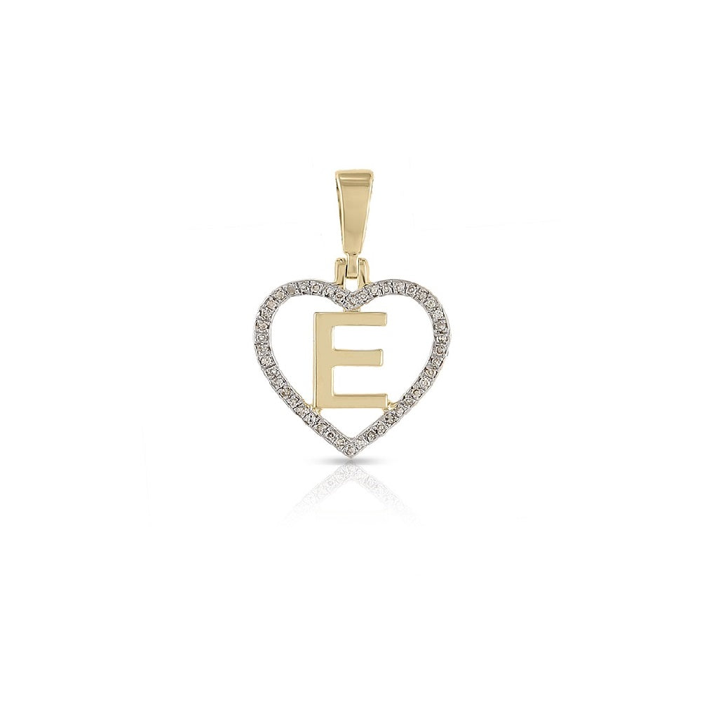Yellow Gold White Round Diamond Heart Initial Pendant