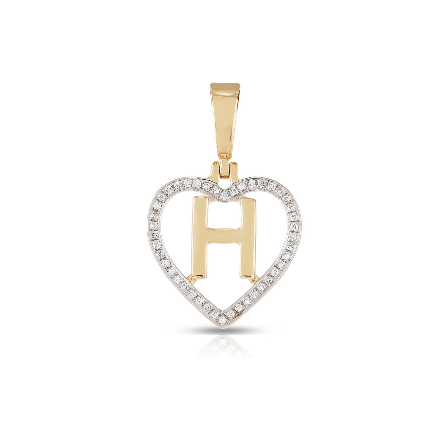 Yellow Gold White Round Diamond Heart Initial Pendant