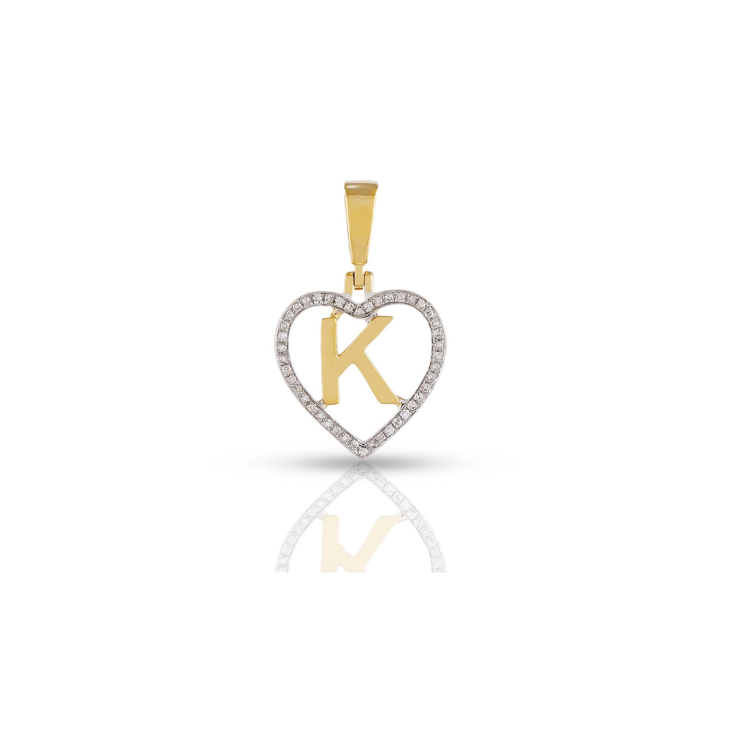 Yellow Gold White Round Diamond Heart Initial Pendant