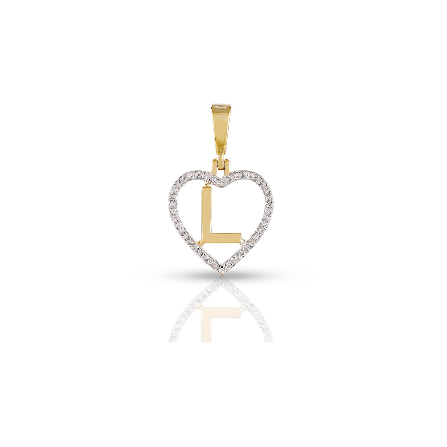 Yellow Gold White Round Diamond Heart Initial Pendant