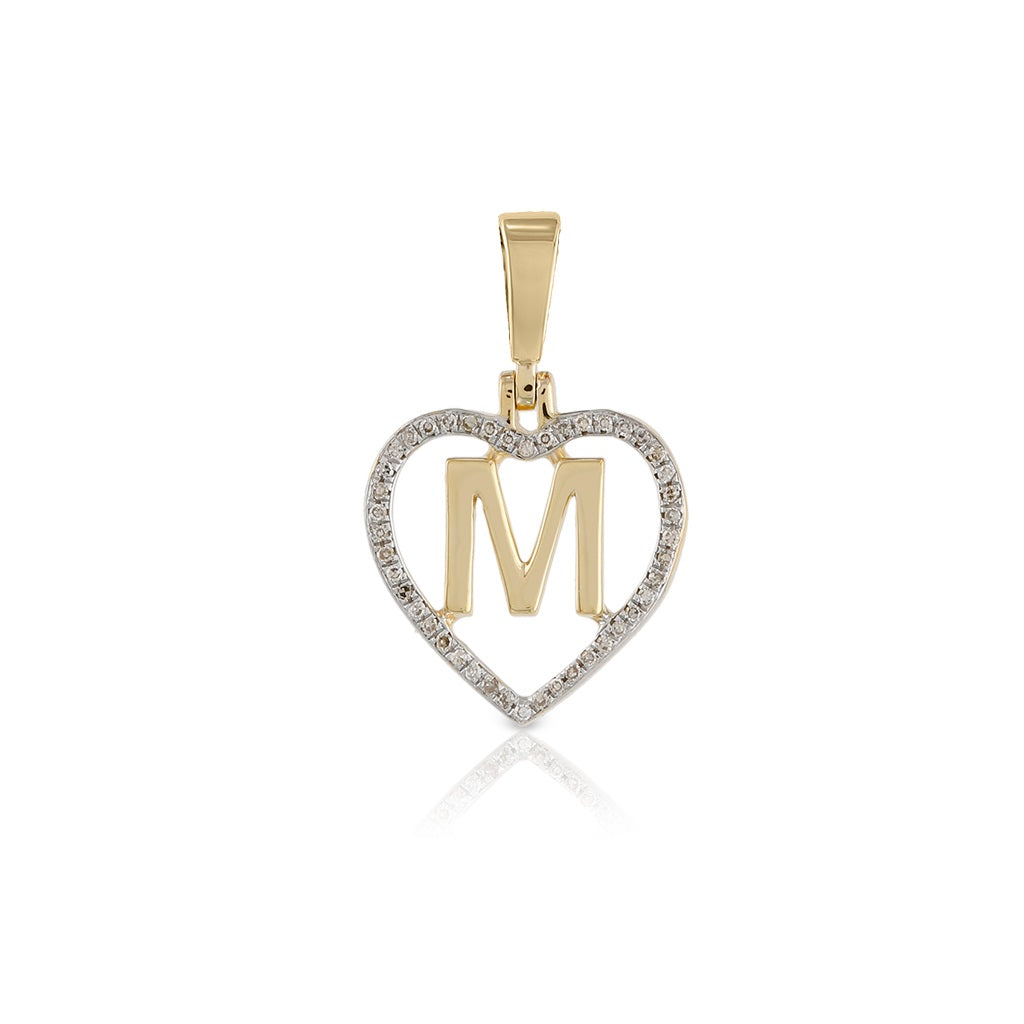 Yellow Gold White Round Diamond Heart Initial Pendant