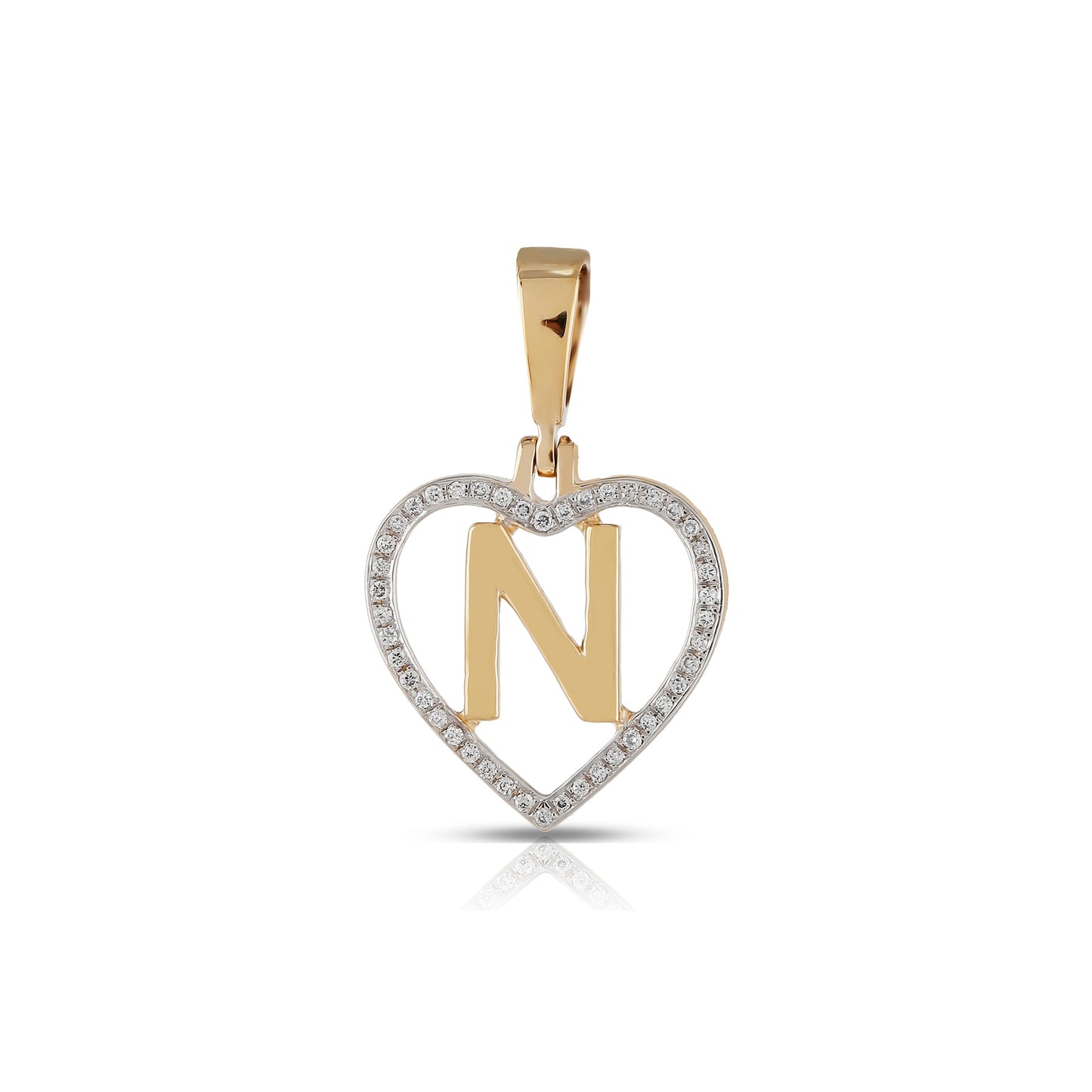 Yellow Gold White Round Diamond Heart Initial Pendant