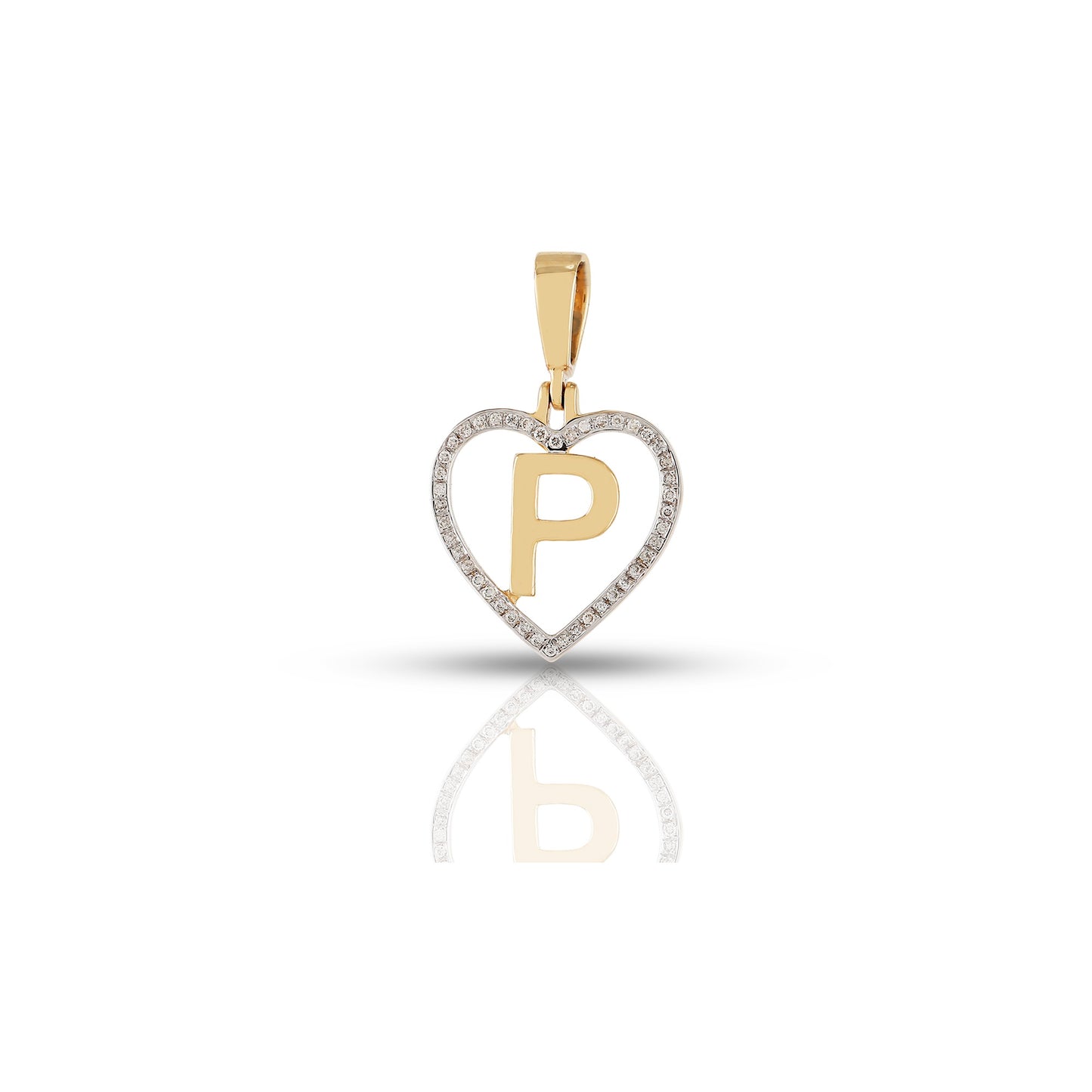 Yellow Gold White Round Diamond Heart Initial Pendant