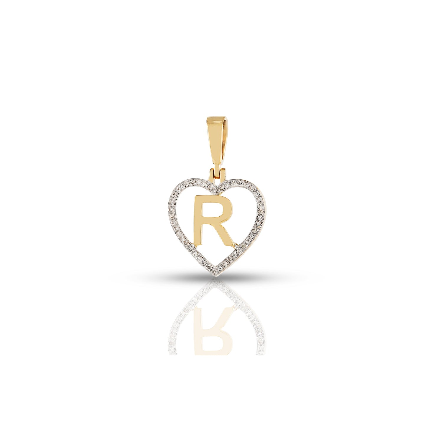 Yellow Gold White Round Diamond Heart Initial Pendant