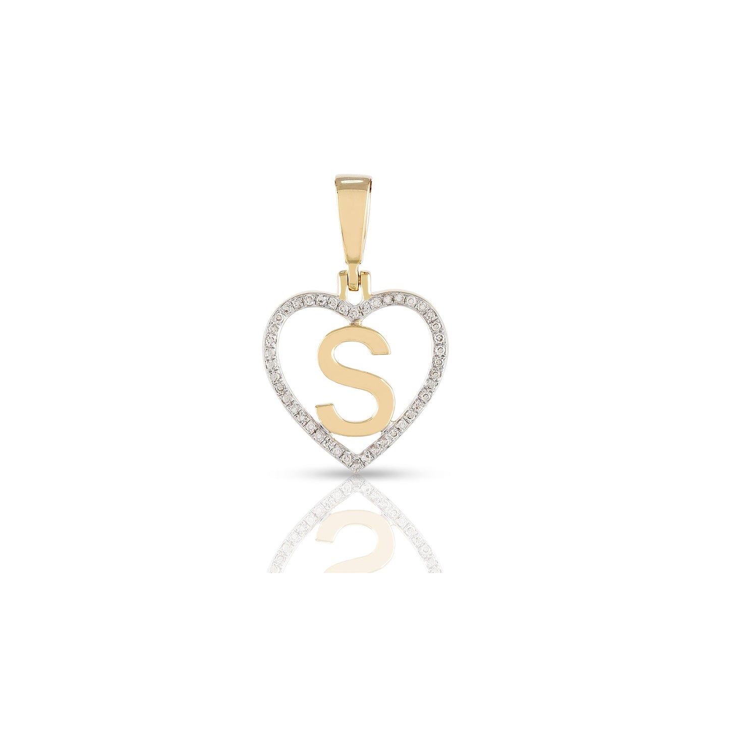 Yellow Gold White Round Diamond Heart Initial Pendant