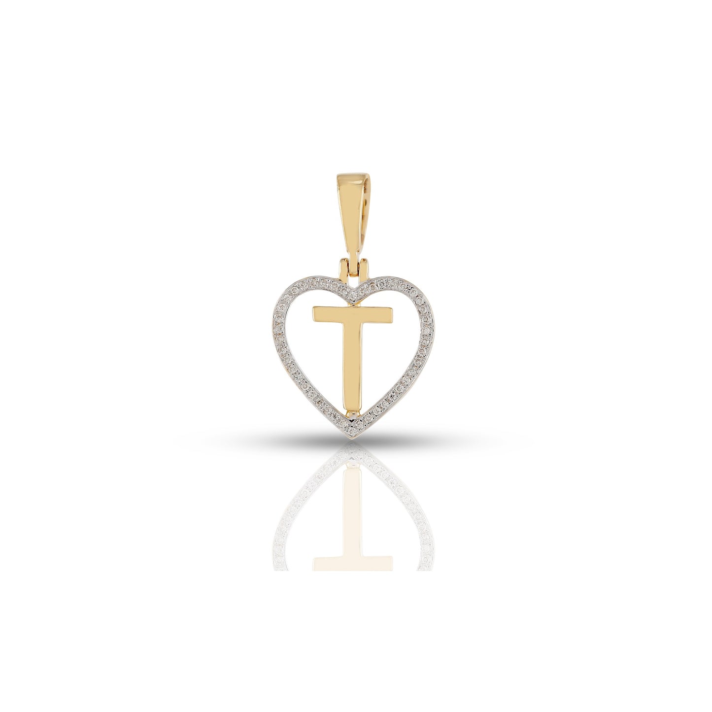 Yellow Gold White Round Diamond Heart Initial Pendant