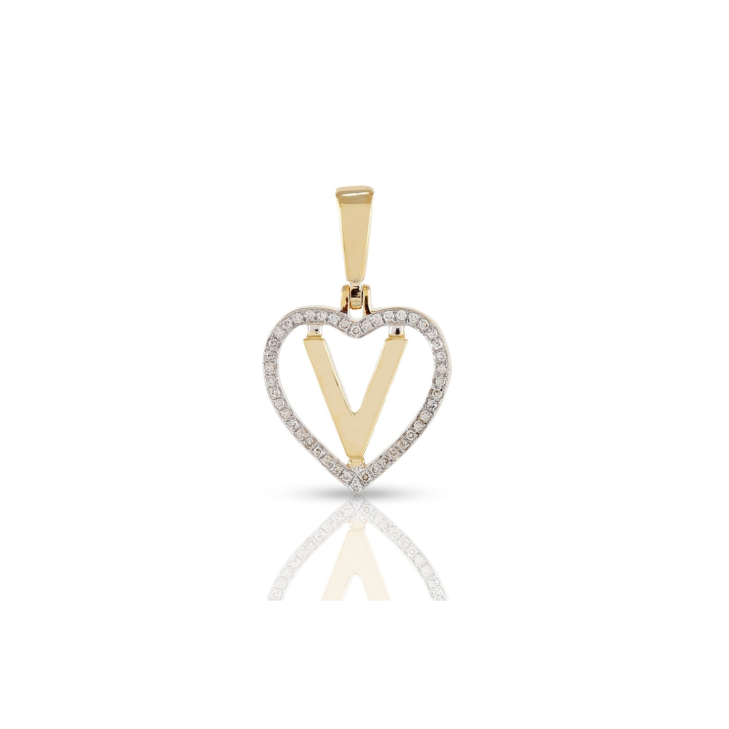 Yellow Gold White Round Diamond Heart Initial Pendant