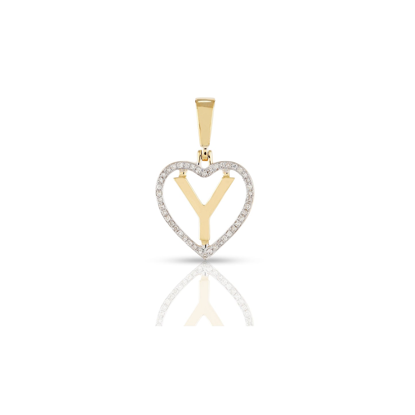 Yellow Gold White Round Diamond Heart Initial Pendant
