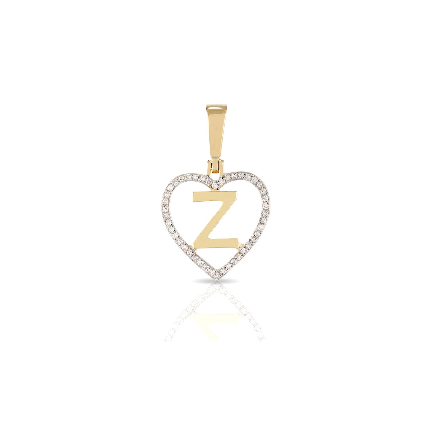 Yellow Gold White Round Diamond Heart Initial Pendant