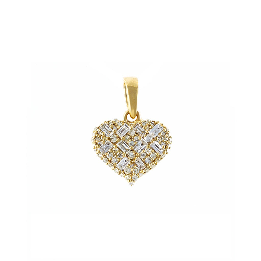 Yellow Gold Baguette and Round Diamond Heart Charm Pendant