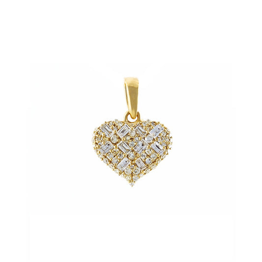 Yellow Gold Baguette and Round Diamond Heart Charm Pendant