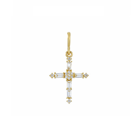 Yellow Gold Baguette and Round Diamond Cross Pendant