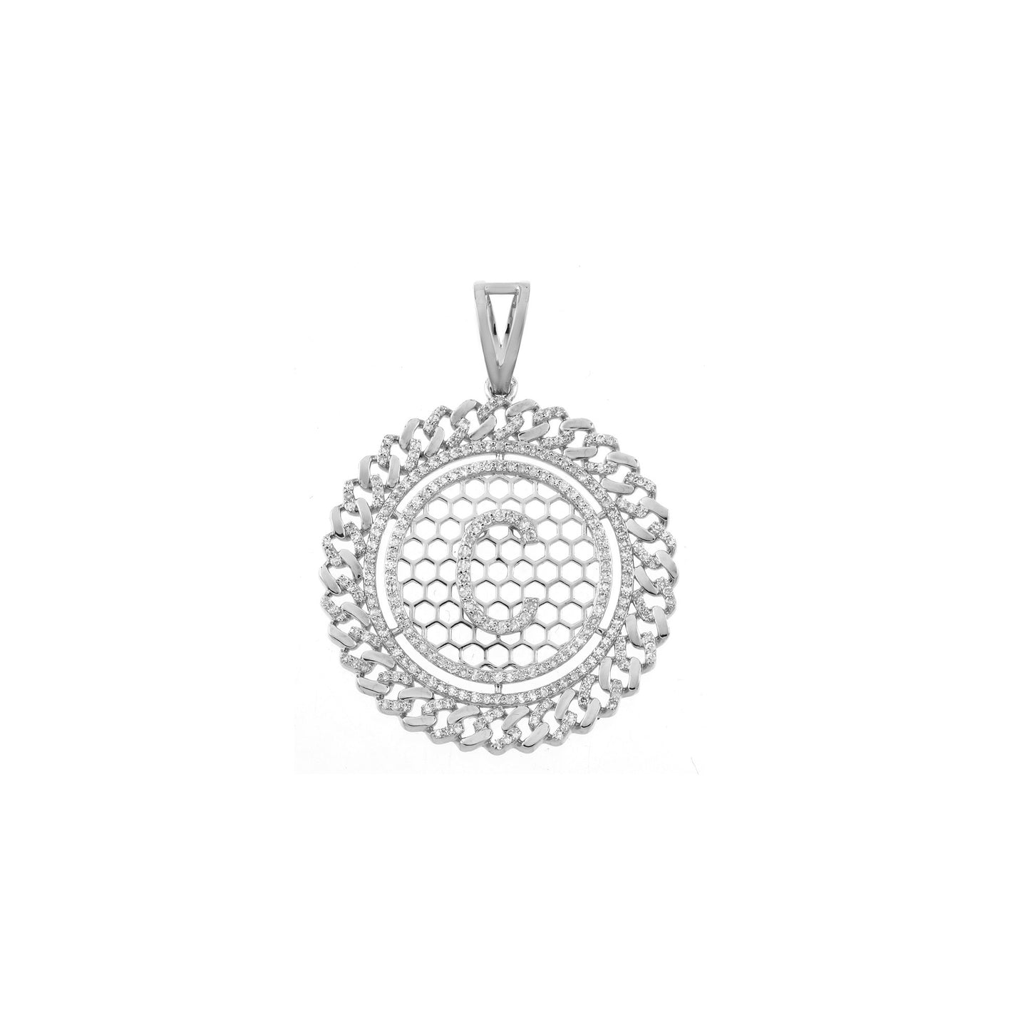 A 925 silver pendant with a bold Cuban circle design, embellished with sparkling cubic zirconia stones, intended for layering or standalone wear.