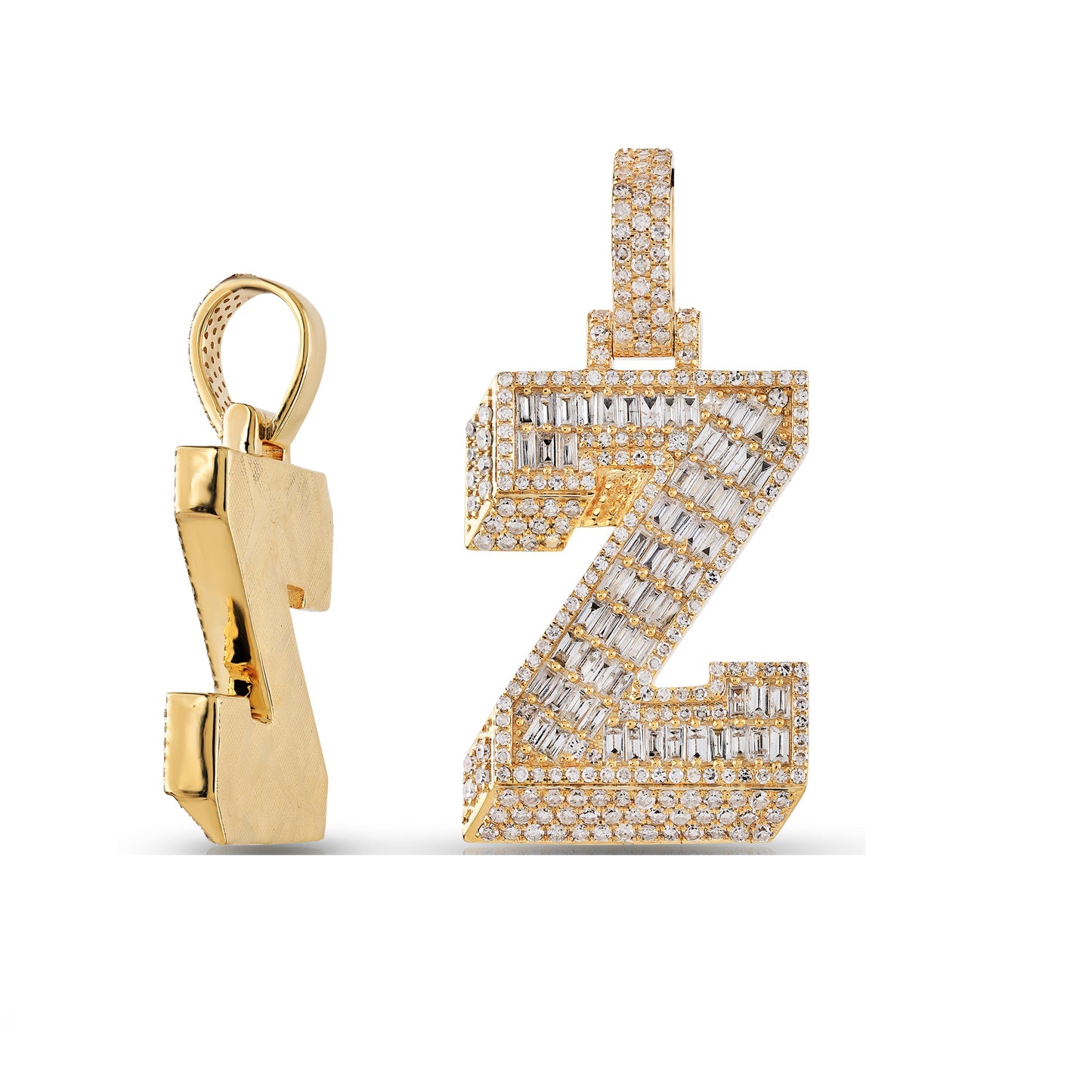 Initial Baguette & Round Diamond Pendant in Yellow Gold