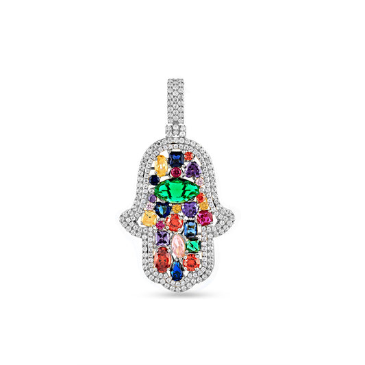 925 Silver Cz Round  Diamond and Colour Stone Hamsa  Pendant