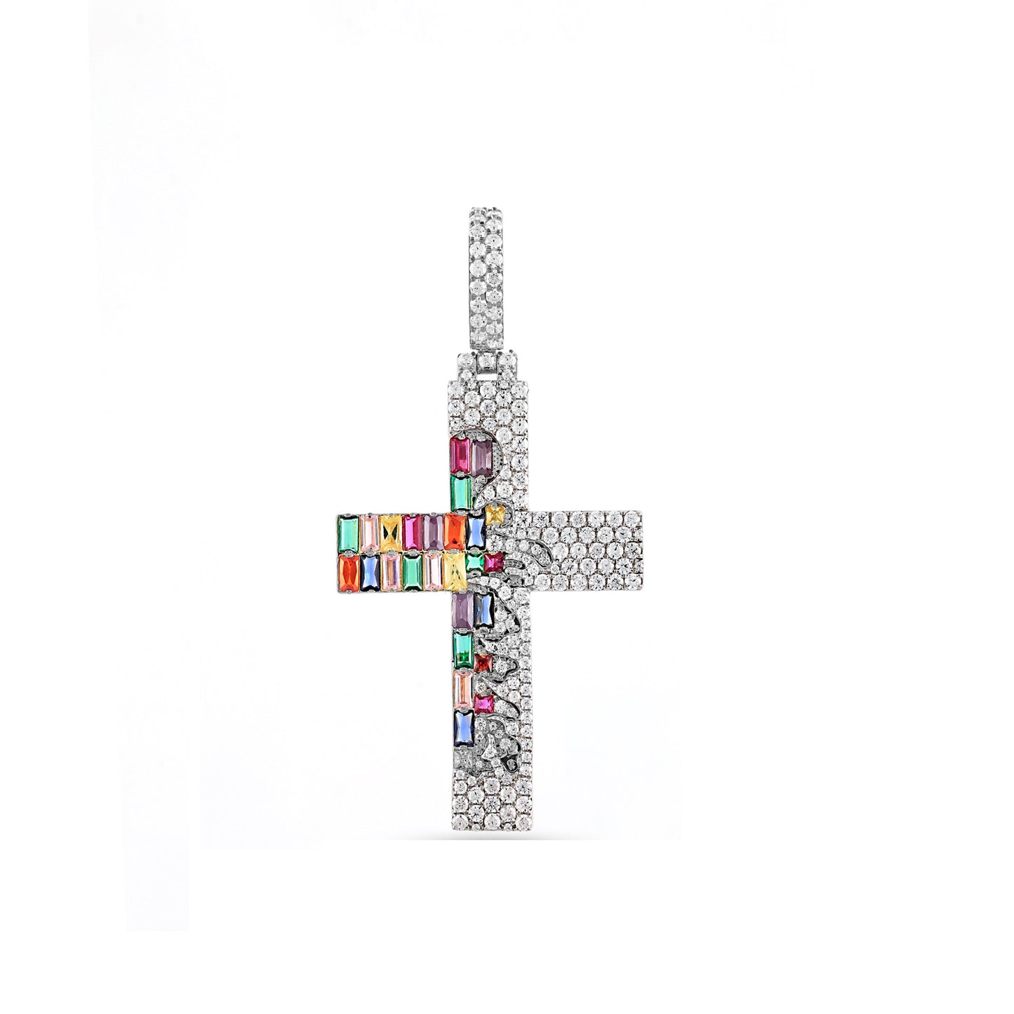 925 Silver Cz Round Diamond and Color Baguette Cross Pendant