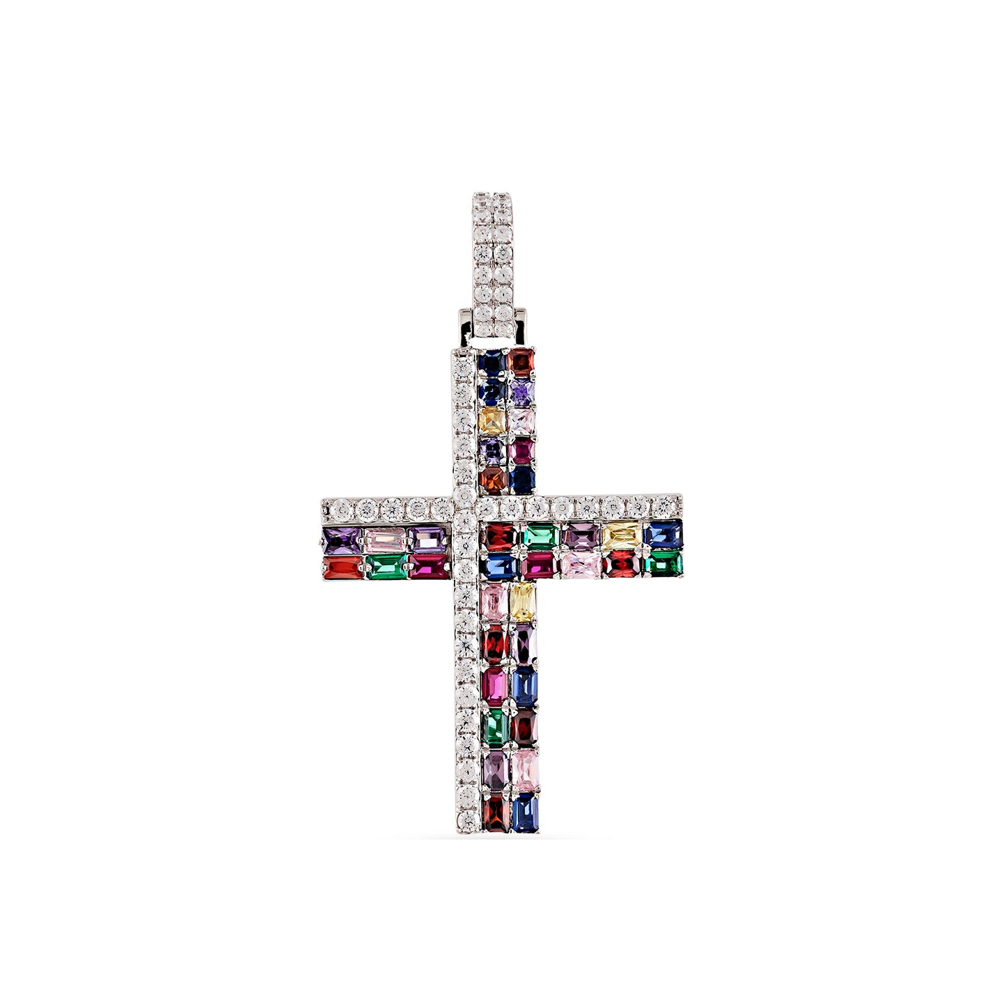 925 Silver Cs Round Diamond and Color Stone Cross Pendant