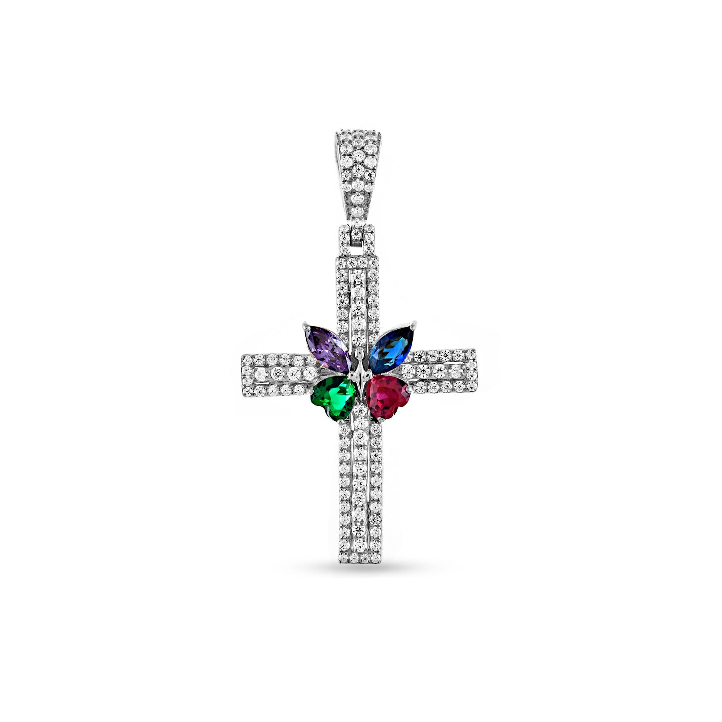 925 Silver Cs Round Diamond and Heart and marquise shape Color stone Cross Pendant
