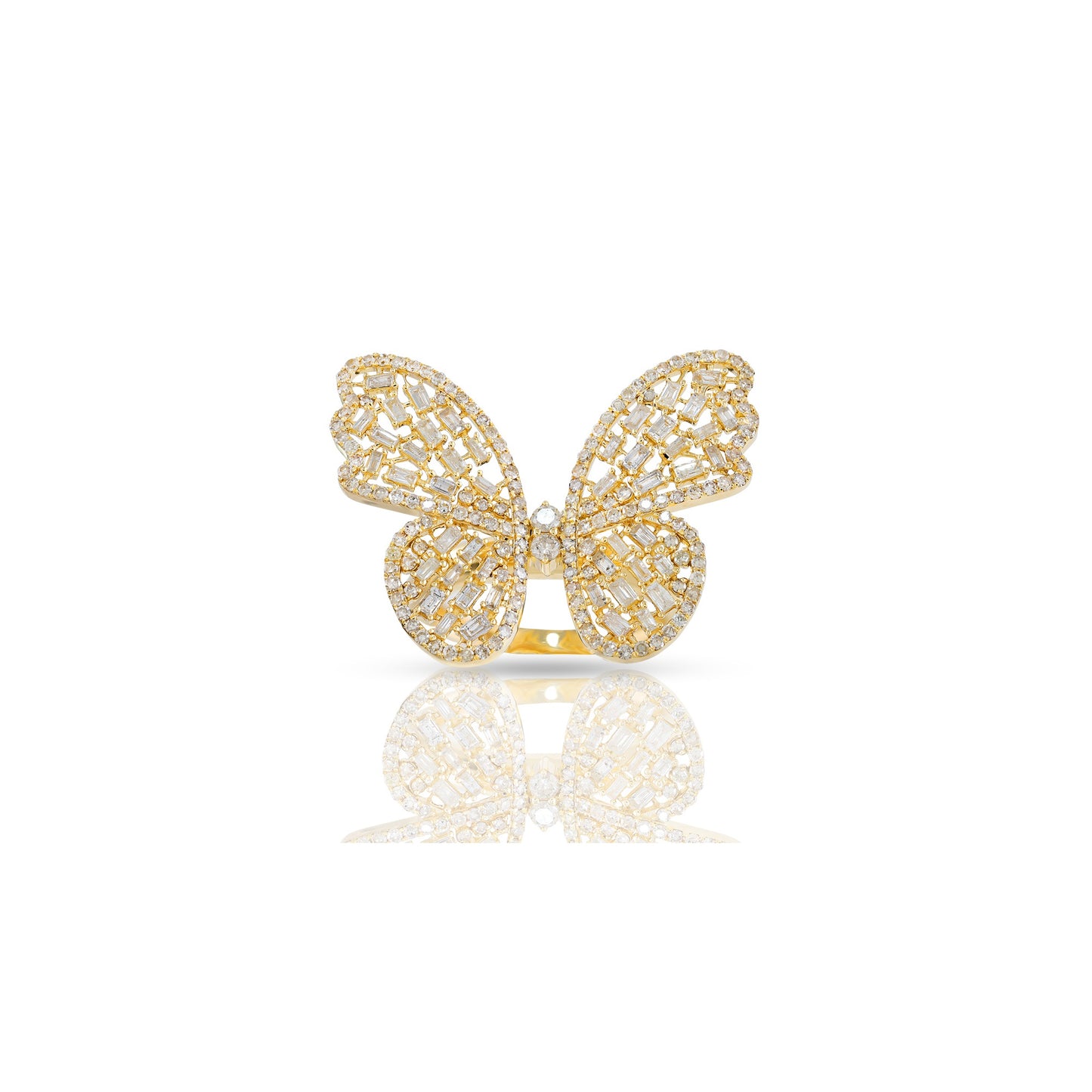 14K Yellow Gold Round and Baguette Diamond Butterfly Ring